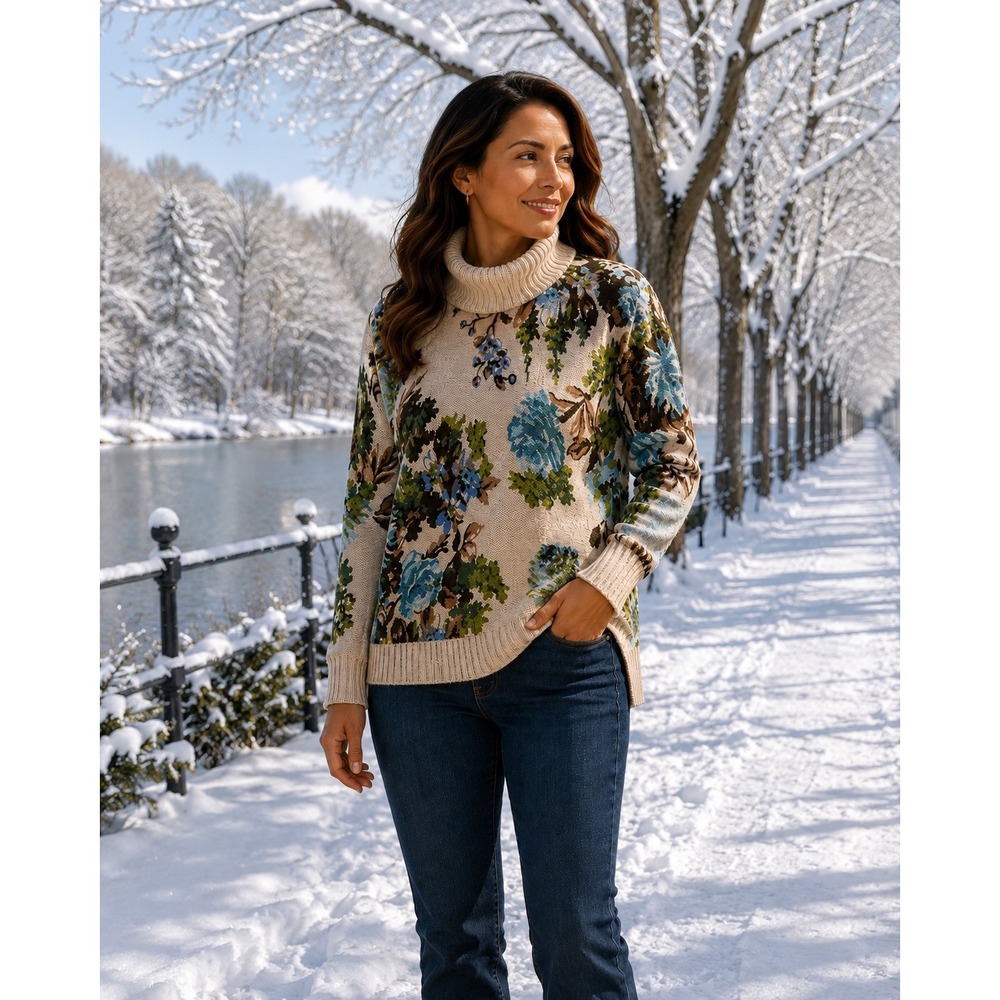 J Jill Womens XS Petite Floral Cowl Neck Sweater Cotton Viscose Botanical Boho